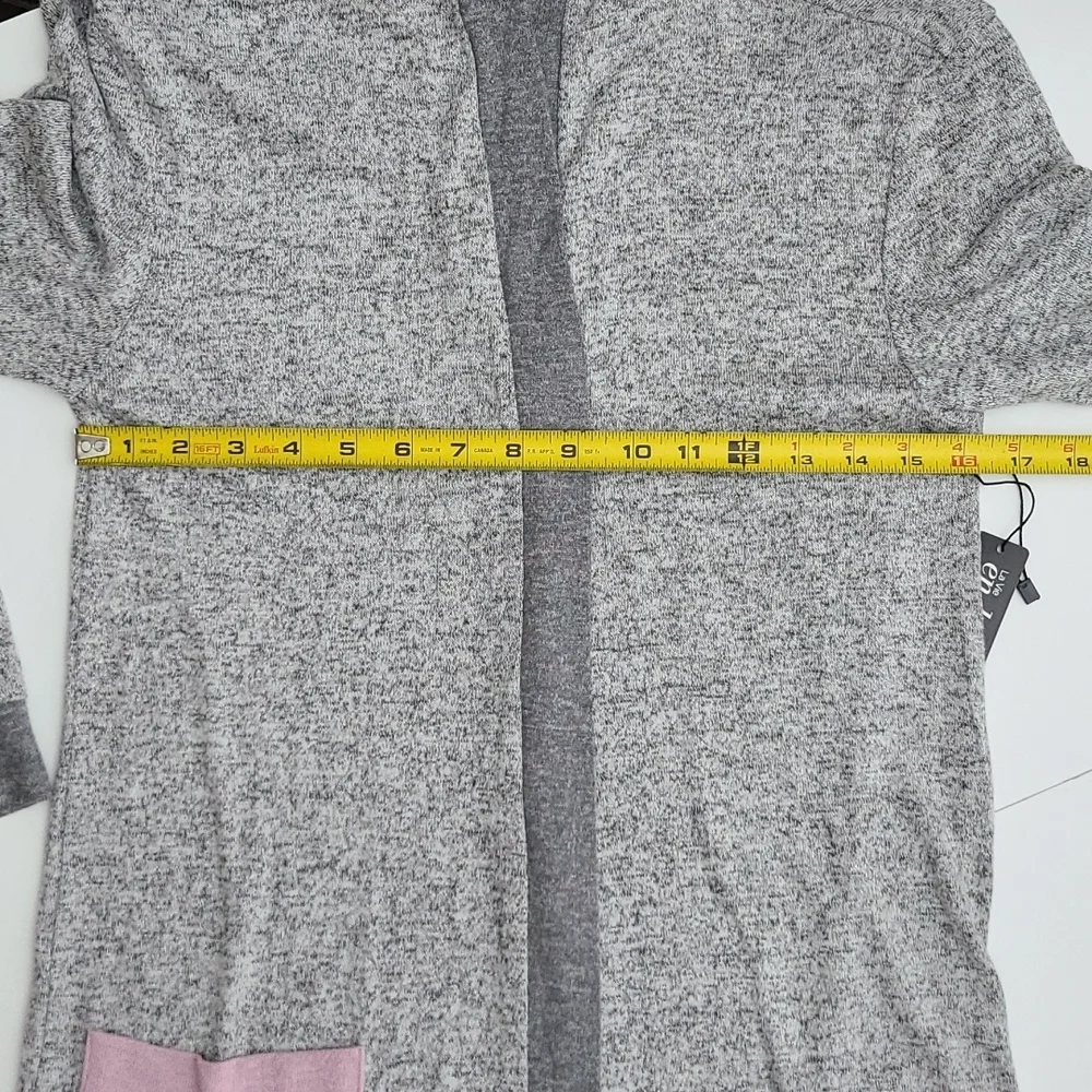 La Vie en Rose Open Front Hooded Cardigan Heathered Grey Pin Pockets Size XS / S - Picture 13 of 14
